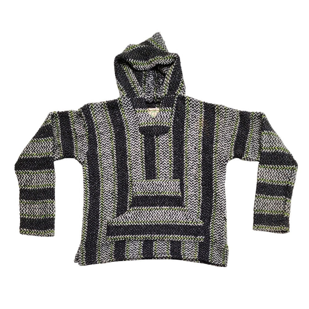 Baja Joe Mexican Baja Hoodie Rug Striped Gorpcore Boho Black Green Mens L Grunge